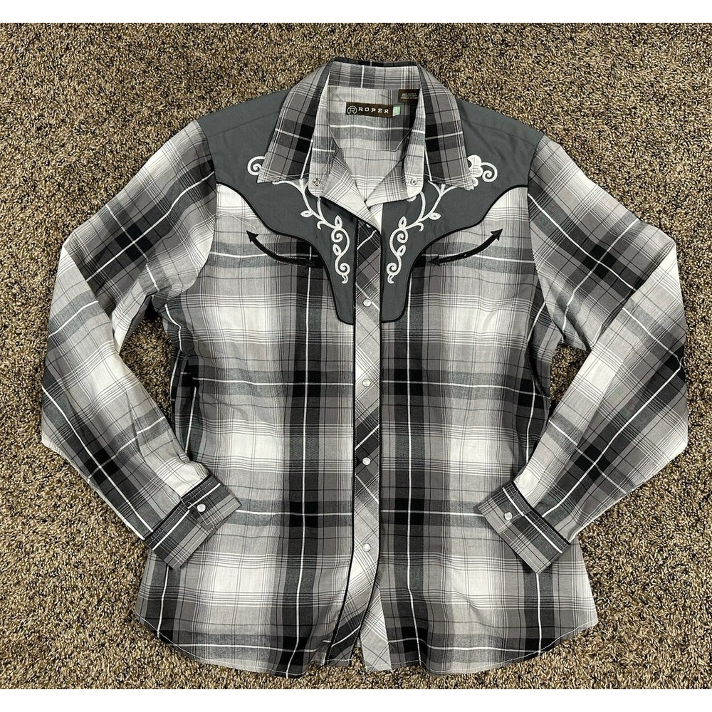 Roper Gray Plaid Pearl Snap Men's Size XL Western Cowboy Button‎ Up Shirt